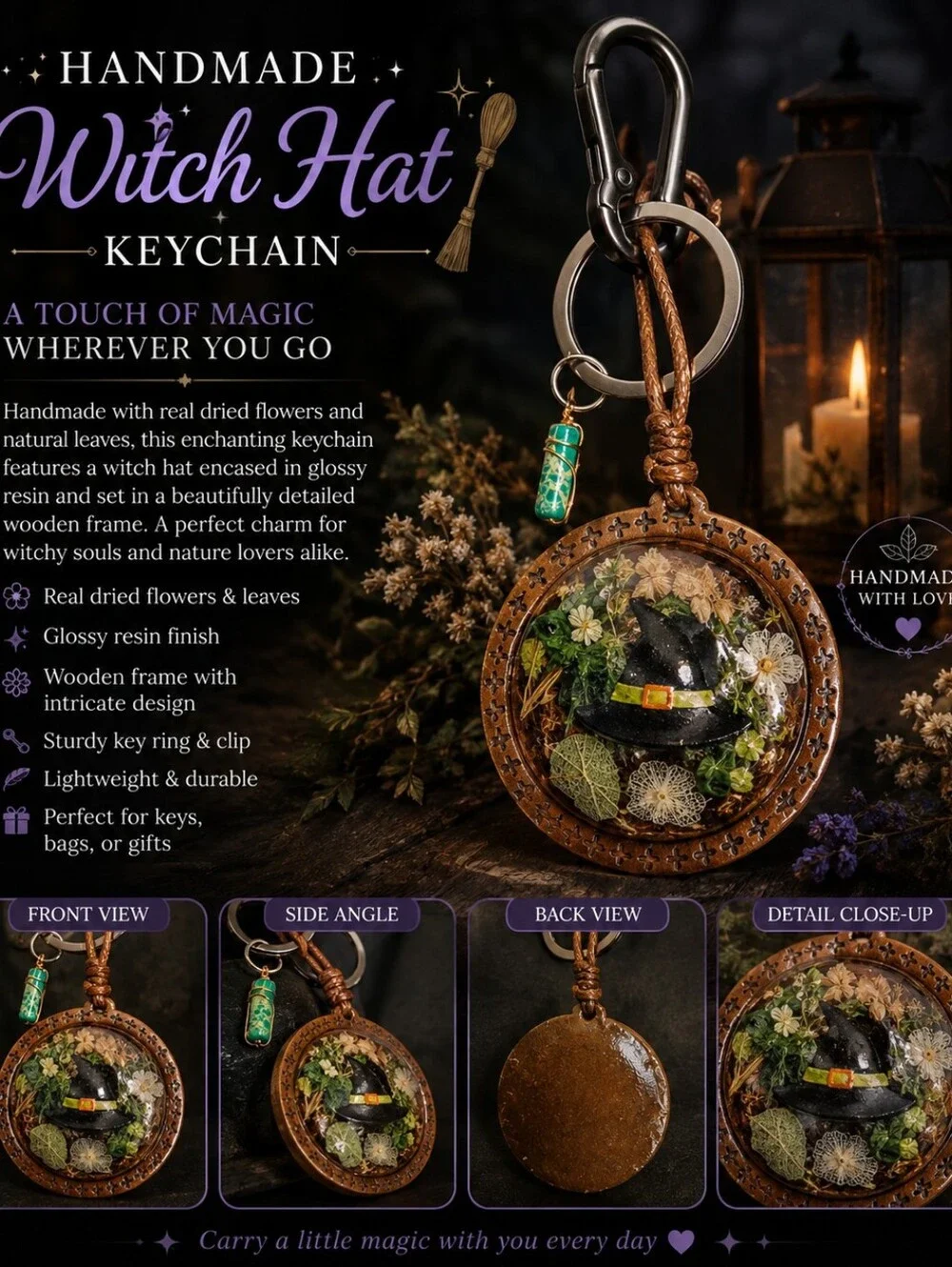 Handmade Witch Hat Keychain with Black & Green Floral Design